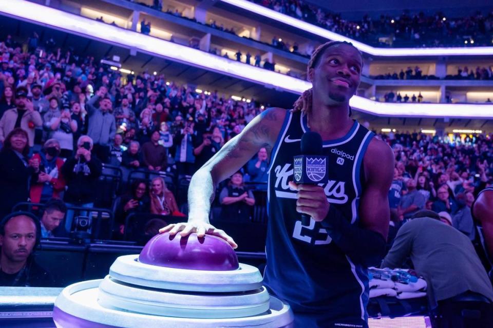 Sacramento Kings guard Keon Ellis (23) lights the beam after the NBA basketball game against the Oklahoma City Thunder on Thursday, Dec. 14, 2023, at Golden 1 Center. Ellis had 17 points.