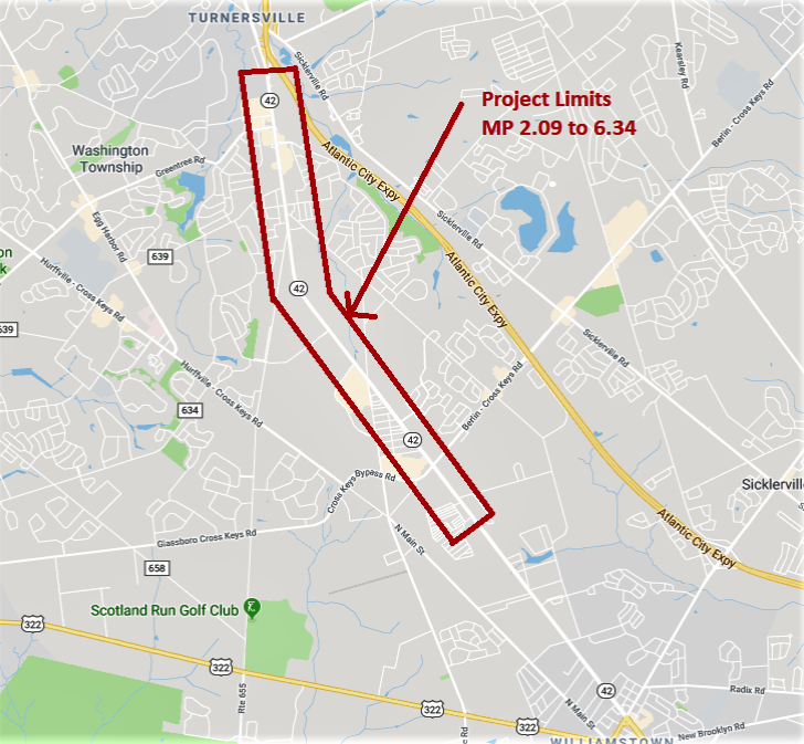 Project site map for N.J. Department of Transportation's Route 42, Kennedy Avenue to Atlantic City Expressway improvement project in Washington and Monroe townships in Gloucester County.