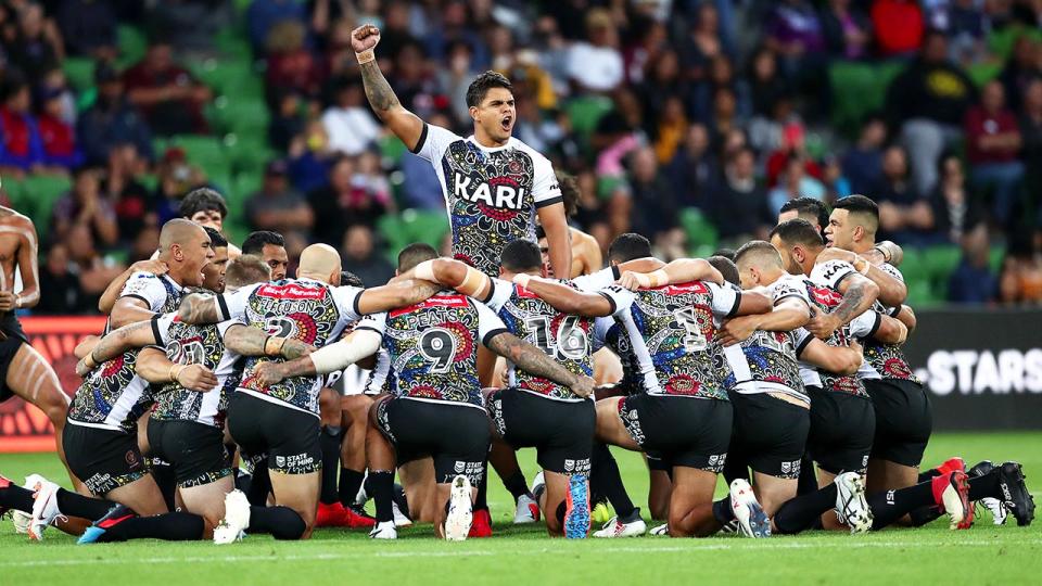 Latrell Mitchell of the Indigenous All Stars performs an Indigenous war cry during the NRL exhibition match between the Indigenous All Stars and the Maori All Stars at AAMI Park on February 15, 2019 in Melbourne, Australia. (Photo by Kelly Defina/Getty Images)