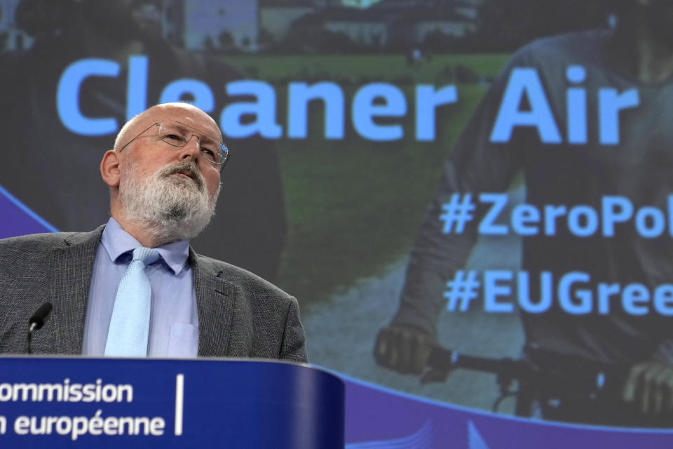 FILE - European Commissioner for European Green Deal Frans Timmermans speaks during a media conference at EU headquarters in Brussels, on June 28, 2023. The EU is seeking to push through stringent nature and agricultural laws as part of its vaunted Green Deal that needs to turn the bloc into a climate neutral continent by 2050, forcing farmers through drastic changes at a time of financial insecurity. (AP Photo/Virginia Mayo, File)