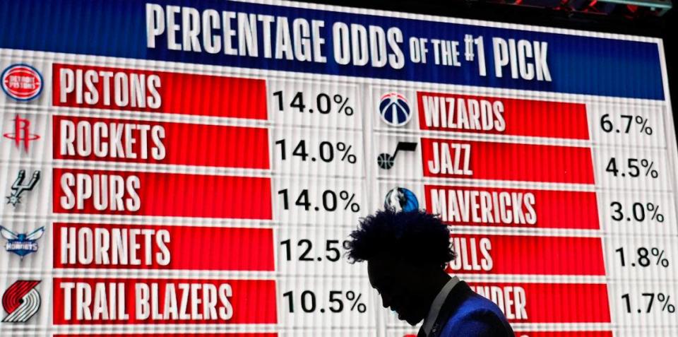 People walk past the 2023 NBA Draft Lottery board at McCormick Place West.