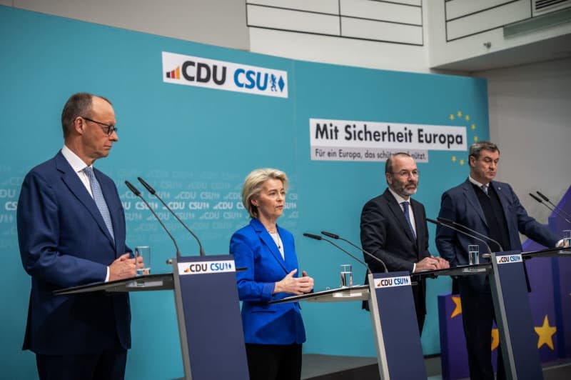 (L-R) Leader of Christian Democratic Union (CDU) party Friedrich Merz, European Commission president Ursula von der Leyen, President of the European People's Party (EPP) Manfred Weber and Minister-President of the Free State of Bavaria Markus Soeder hold a joint press conference after the CDU/CSU Presidiums meeting ahead of the 2024 European Union parliamentary elections. Michael Kappeler/dpa