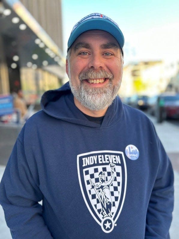 Mike Slocum, 43, of Indianapolis, cast a ballot in the Democratic primary at the City-County Building downtown Tuesday morning.