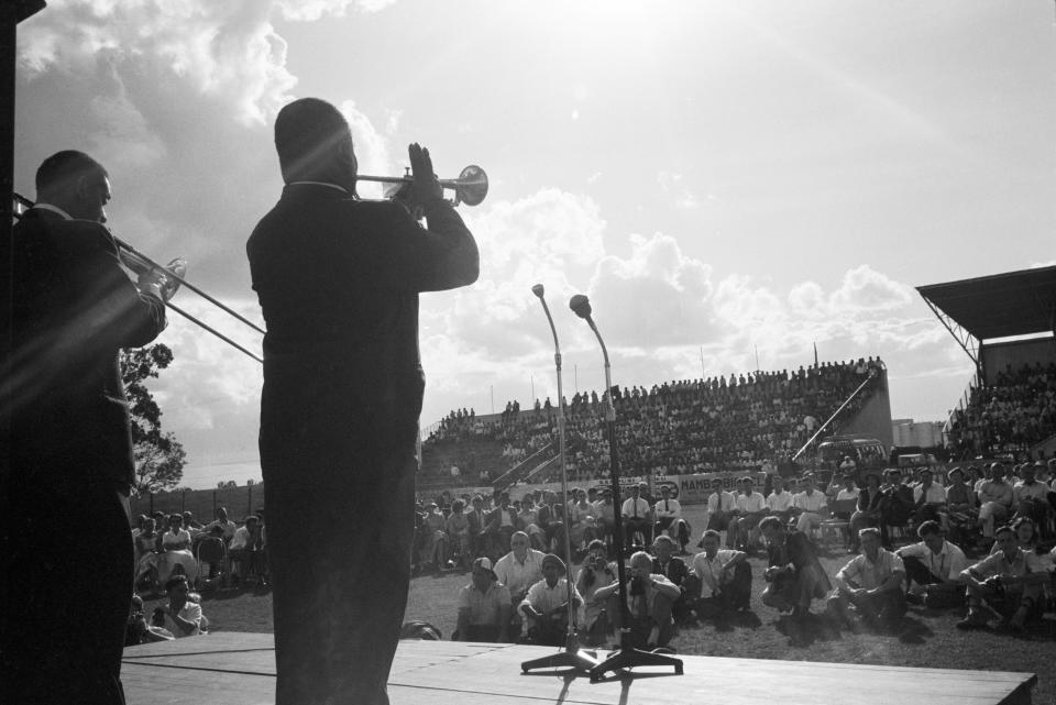 Louis Armstrong performed during a State Department-organized tour of Africa in late 1960. Three years earlier, Armstrong had refused to carry out a tour in the Soviet Union on behalf of the U.S. over the South's treatment of Black Americans. (Photo: Susan Wood/Getty Images via Getty Images)