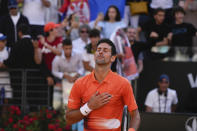 Serbia's Novak Djokovic celebrates after winning his final match against Greece's Stefanos Tsitsipas at the Italian Open tennis tournament, in Rome, Sunday, May 15, 2022. (AP Photo/Alessandra Tarantino)