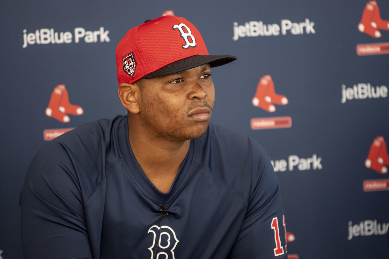 FORT MYERS, FLORIDA - FEBRUARY 20: Rafael Devers #11 of the Boston Red Sox speaks to the media during a team Spring Training workout at JetBlue Park at Fenway South on February  20, 2024 in Fort Myers, Florida. (Photo by Maddie Malhotra/Boston Red Sox/Getty Images)