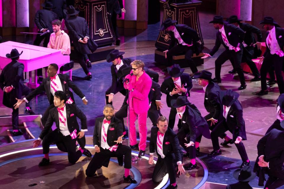 The performance featured Gosling, musician Mark Ronson, and backup dancers, The Kens. DISNEY via Getty Images