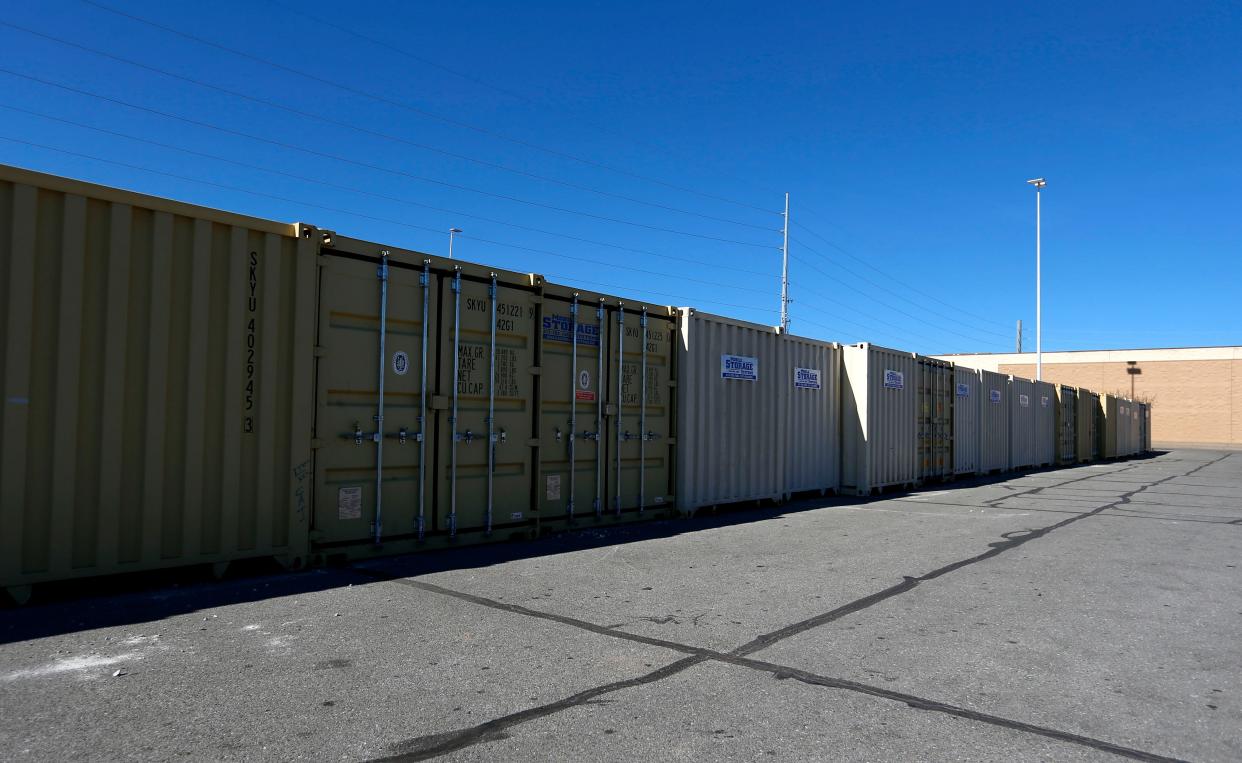 Shipping containers in Target's parking lot as the store undergoes a remodel this spring.