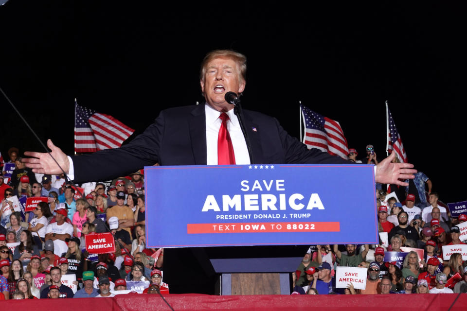 Former President Donald Trump speaks to supporters during a rally at the Iowa State Fairgrounds on October 09, 2021 in Des Moines, Iowa. This is Trump's first rally in Iowa since the 2020 election. (Scott Olson/Getty Images)