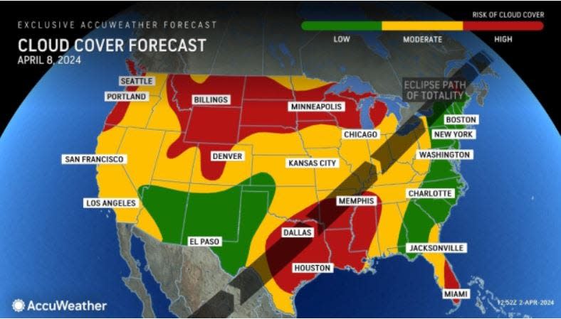 AccuWeather cloud cover forecast for April 8, 2024 total solar eclipse.