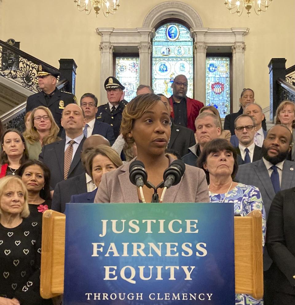 Massachusetts Attorney General Andrea Campbellon speaks during a news conference at the Massachusetts Statehouse in Boston, Wednesday, March 13, 2024. Campbellon said she supported efforts by Gov. Maura Healey, a fellow Democrat, to seek pardons for people convicted of misdemeanor marijuana charges going back decades in the latest example of a state ambitiously seeking to forgive low-level drug offenders. (AP Photo/Steve LeBlanc)