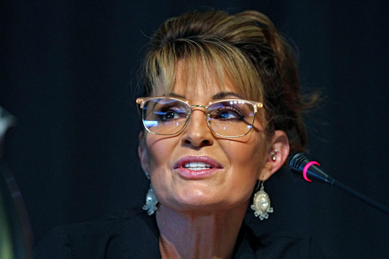 Sarah Palin, a Republican seeking the sole U.S. House seat in Alaska, speaks during a forum for candidates May 12, 2022, in Anchorage, Alaska.