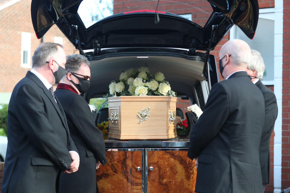 The funeral cortege of entertainer Bobby Ball arrives at Hope Church in Lytham Saint Annes, Lancashire. (Photo by Peter Byrne/PA Images via Getty Images)