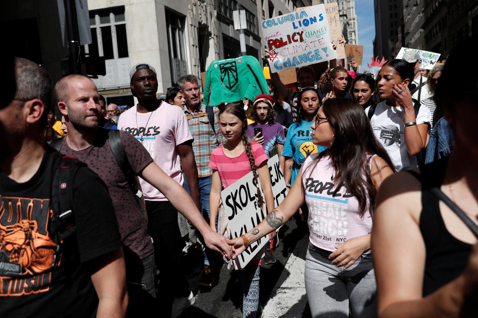 Sixteen year-old Swedish climate activist Greta Thunberg takes part in a demonstration as part of the Global Climate Strike in lower Manhattan in New York, U.S., September 20, 2019. REUTERS/Shannon Stapleton