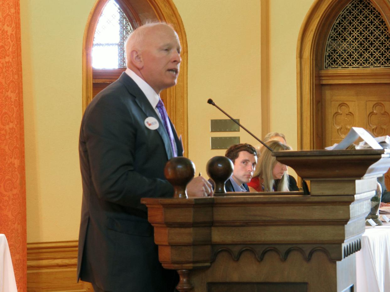 Republican Party of Louisiana Chairman Louis Gurvich speaks to the state GOP's governing body, Saturday, Feb. 24, 2018, in Baton Rouge, La.