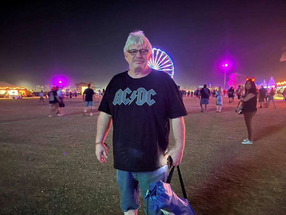 Craig Blucher of San Diego, Calif., exiting the Power Trip festival at the Empire Polo Club in Indio, Calif., on Oct. 7, 2023.