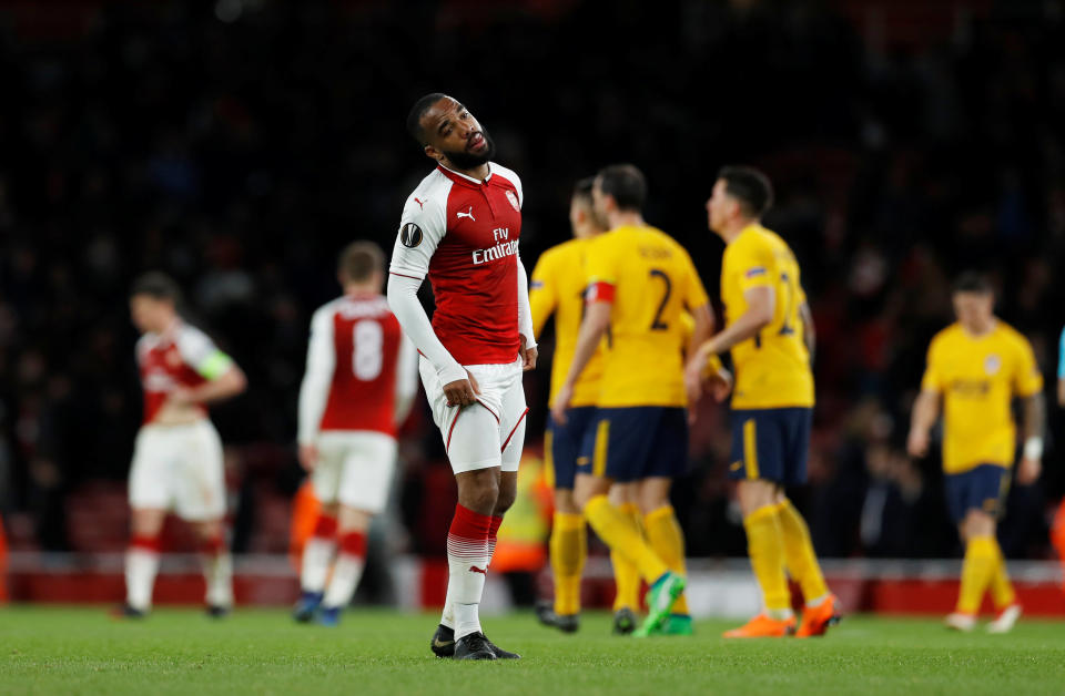 <p>Soccer Football – Europa League Semi Final First Leg – Arsenal vs Atletico Madrid – Emirates Stadium, London, Britain – April 26, 2018 Arsenal’s Alexandre Lacazette looks dejected at the end of the match Action Images via Reuters/Andrew Couldridge </p>