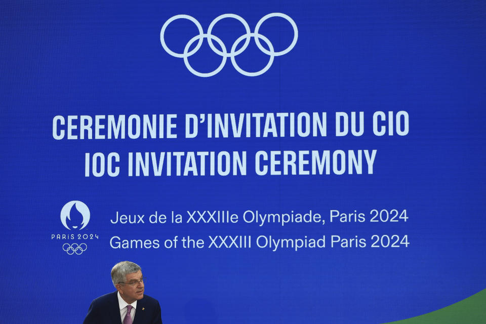 International Olympic Committee (IOC) president Thomas Bach attends the IOC invitation ceremony, exactly one year for the 2024 Olympics, Wednesday, July 26, 2023 in Saint-Denis, outside Paris. (AP Photo/Aurelien Morissard)