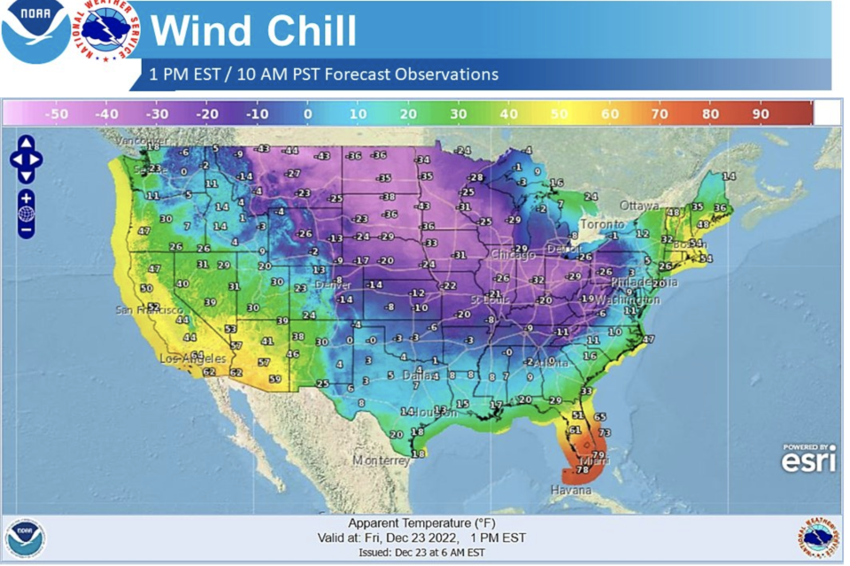 Temperatures plummeted across much of the US driven by wind chill on Friday (NOAA)