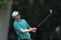 Donnie Trosper watches his drive on the 11th tee during the first round of the Rocket Mortgage Classic golf tournament, Thursday, July 2, 2020, at the Detroit Golf Club in Detroit. (AP Photo/Carlos Osorio)