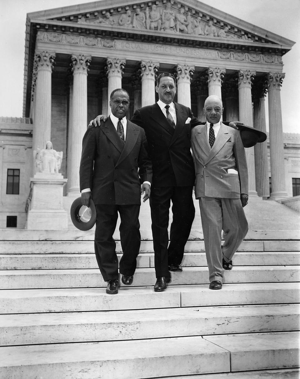 Left to right: George E.C. Hayes, Thurgood Marshall, and James M. Nabrit following Supreme Court decision declaring segregation unconstitutional