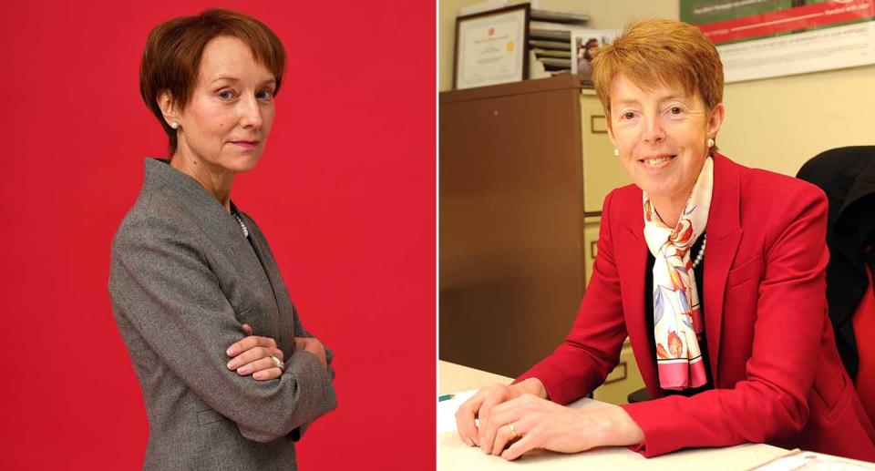 Lia Williams as Paula Vennells (left), and Ms Vennells in her role as Post Office CEO (right). (ITV/PA)