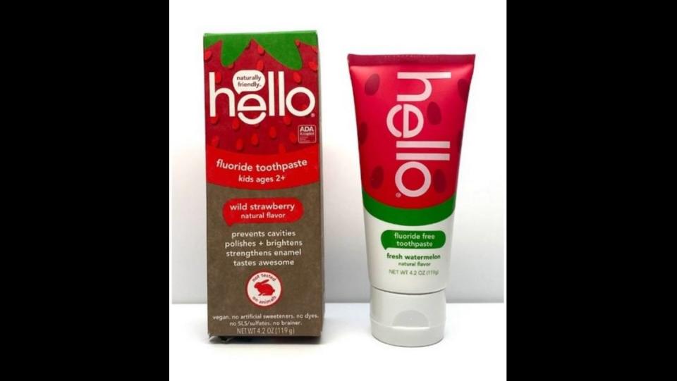 Hello Wild Strawberry toothpaste box and a Hello Fresh Watermelon Flouride-Free toothpaste tube that doesn’t have flouride-free toothpaste