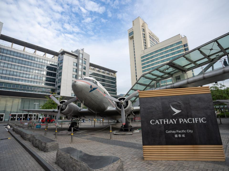 Cathay Pacific airways logo displayed on Cathay Pacific City building, the headquarters of Cathay Pacific Airways.