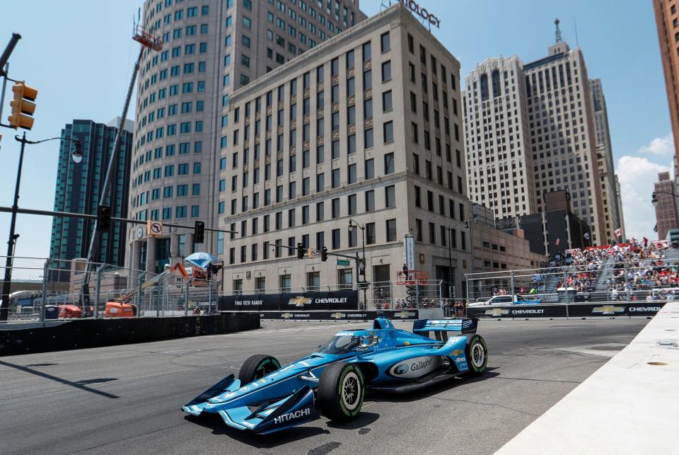 IndyCar driver Scott McLaughlin drives past Turn 3 on Jefferson Avenue during qualifying race of Detroit Grand Prix in Detroit on Saturday, June 3, 2023.