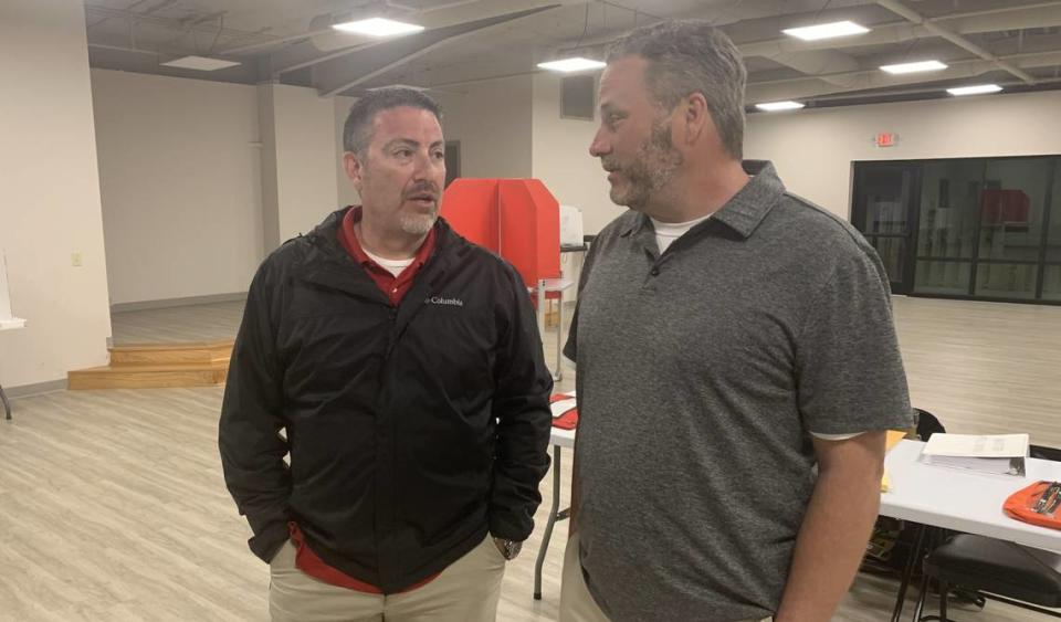 David Shoemaker, left, and Kevin Kostmayer, candidates for the Ward 7 Biloxi Council seat, await the results Tuesday night in the special election. Mary Perez/Sun Herald