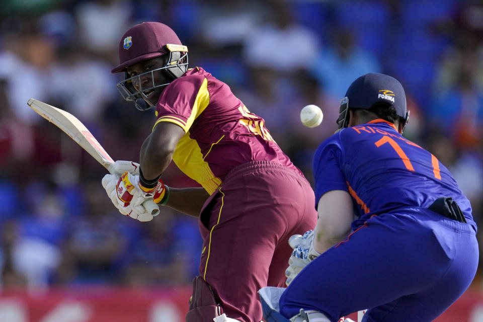 West Indies' Devon Thomas plays a shot against India during the second T20 cricket match at Warner Park in Basseterre, St. Kitts and Nevis, Monday, Aug. 1, 2022. (AP Photo/Ricardo Mazalan)