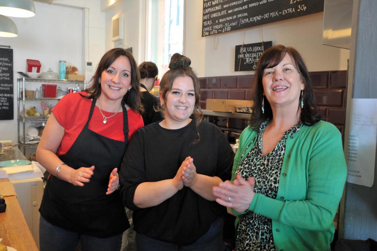 Laura May, Shannon Read, and Sue Belcher celebrate 15 years of Bloomfields' Highworth deli <i>(Image: Dave Cox)</i>