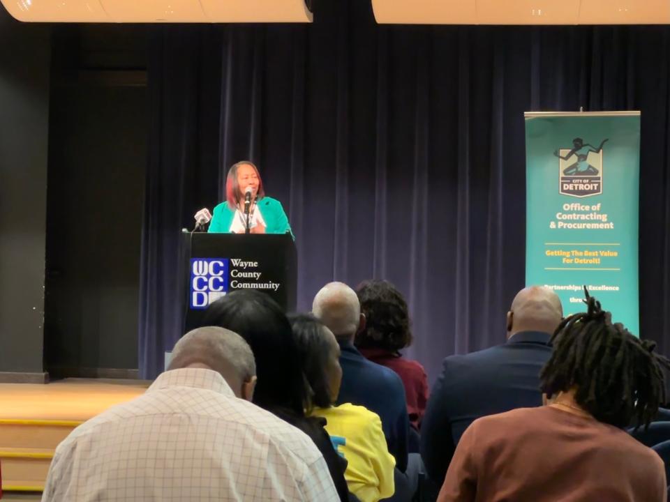 Toni Stewart-Limmitt, Deputy Chief Procurement Officer for the city of Detroit, presents during the Minority Business Summit in Detroit on May 25, 2023