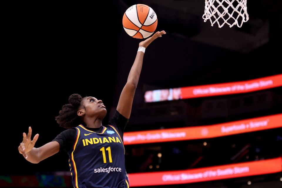 SEATTLE, WASHINGTON - JUNE 22: Maya Caldwell #11 of the Indiana Fever shoots against the Seattle Storm during the third quarter at Climate Pledge Arena on June 22, 2023 in Seattle, Washington.