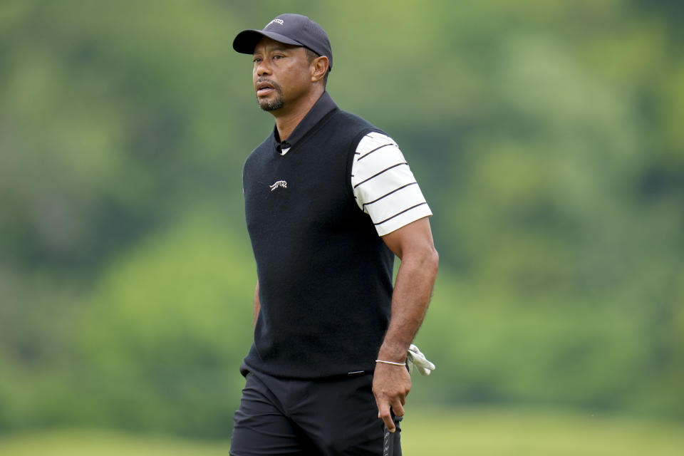 Tiger Woods walks to the fifth hole during a practice round for the PGA Championship golf tournament at the Valhalla Golf Club, Tuesday, May 14, 2024, in Louisville, Ky. (AP Photo/Jeff Roberson)
