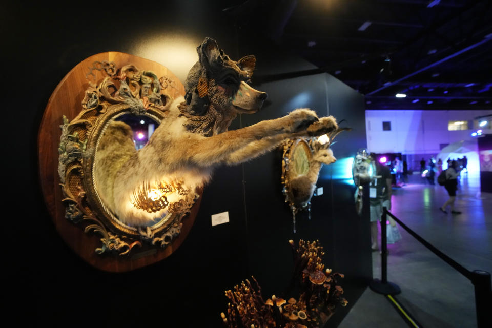 Artwork on display is seen at the Psychedelic Science conference in the Colorado Convention Center Wednesday, June 21, 2023, in Denver. (AP Photo/David Zalubowski)