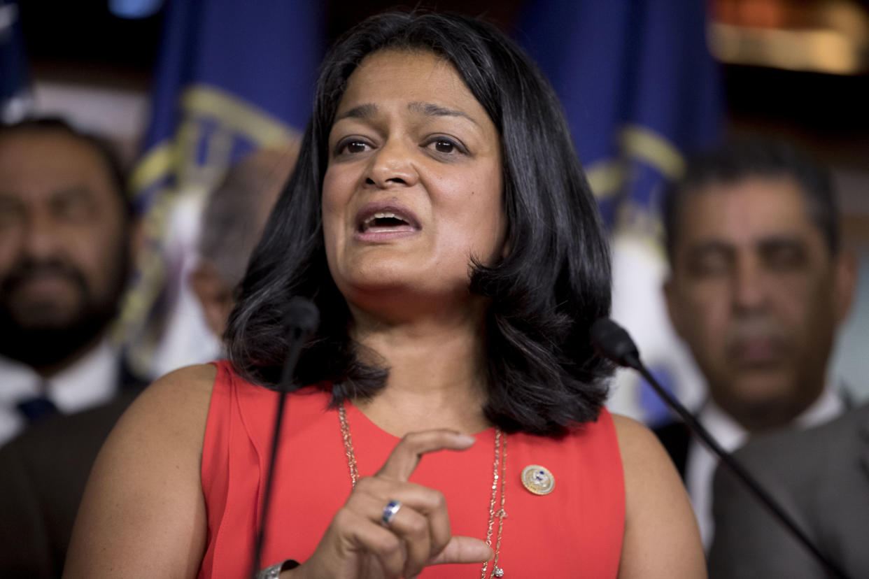 Rep. Pramila Jayapal, D-Wash., speaks at a Congressional Tri-Caucus news conference on Capitol Hill on Sept. 27, 2017, on injustice and inequality in America. (Photo: Andrew Harnik/AP)