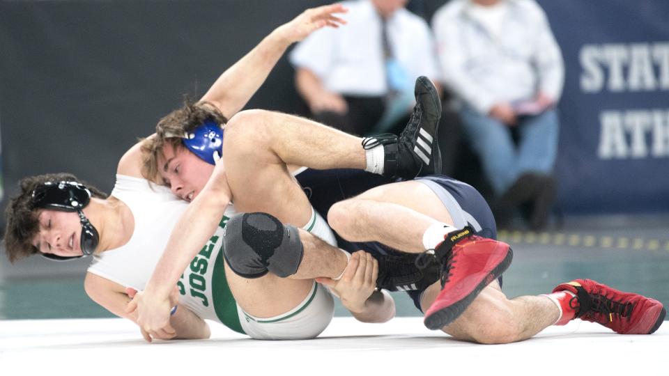 St. Augustine's Brady Conlin controls St Joseph's Frank DiBella during a 150 lb. semifinal round bout of the NJSIAA individual wrestling championships tournament at Jim Whelan Boardwalk Hall in Atlantic City on Friday, March 3, 2023.   Conlin defeated DiBella, 5-0.  