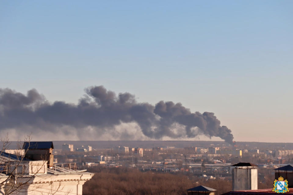 In this handout photo released by the administration of the Kursk region of Russia on December 6, 2022, smoke rises from the area of Kursk airport, outside Kursk, Russia. The fire was the result of a drone attack, the Kursk regional governor said. / Credit: Administration of the Kursk region of Russia via AP