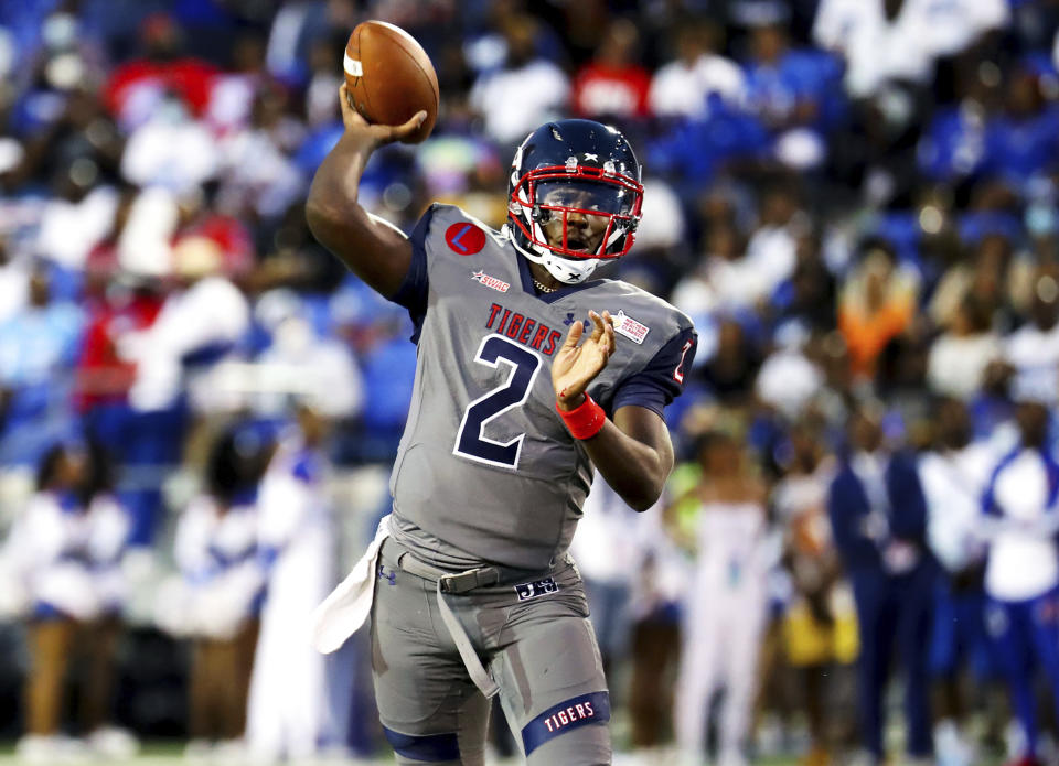 Jackson State quarterback Shedeur Sanders throws a pass against Tennessee State during the Southern Heritage Classic NCAA college football game in Memphis, Tenn., Saturday, Sept. 11, 2021. (Patrick Lantrip/Daily Memphian via AP)