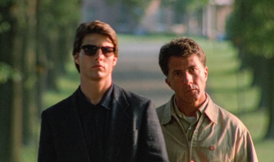 USA. Tom Cruise and Dustin Hoffman in a scene from the (C)United Artists film: Rain Man (1988) .  Plot: After a selfish L.A. yuppie learns his estranged father left a fortune to an autistic-savant brother in Ohio that he didn't know existed, he absconds with his brother and sets out across the country, hoping to gain a larger inheritance. Ref: LMK110-J10568-290224 Supplied by LMKMEDIA. Editorial Only. Landmark Media is not the copyright owner of these Film or TV stills but provides a service only for recognised Media outlets. pictures@lmkmedia.com