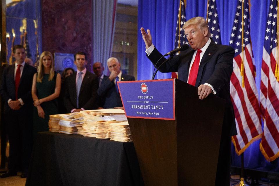 President-elect Donald Trump speaks during a news conference in the lobby of Trump Tower in New York, Wednesday, Jan. 11, 2017. (AP Photo/Evan Vucci)