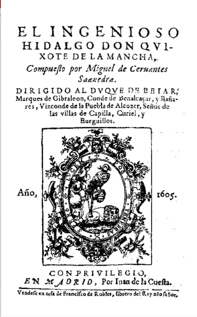Portada de la primera edición de _El ingenioso hidalgo Don Quijote de la Mancha_, de Miguel de Cervantes.