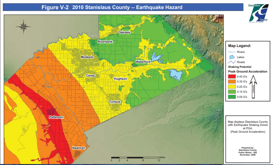 Map of Stanislaus County earthquake shaking zones.