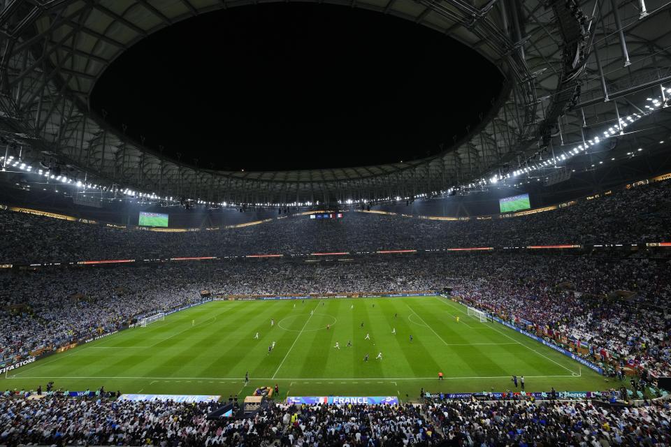 A view of the Lusail Stadium during the World Cup final soccer match between Argentina and France in Lusail, Qatar, Sunday, Dec. 18, 2022. (AP Photo/Hassan Ammar)