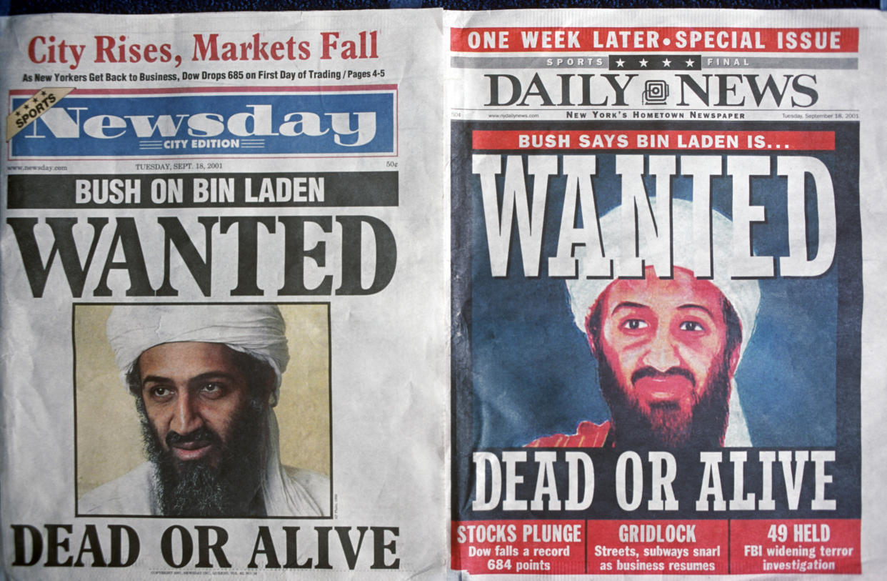 A week after the 9-11 terrorist attack on the Twin Towers and the Pentagon, front pages of Newsday and the New York Daily News with the faces of Osama bin Laden and a cowboy-era outlaw's headline of 'Dead or Alive', on 18th September 2001, New York, USA. (Photo by Richard Baker / In Pictures via Getty Images Images)