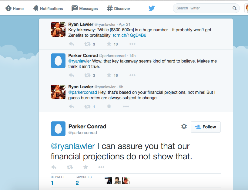 Parker Conrad and Techcrunch Twitter