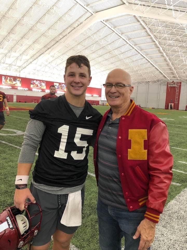 Brock Purdy and his golden counterpart, John Warder, a fellow former ISU quarterback.