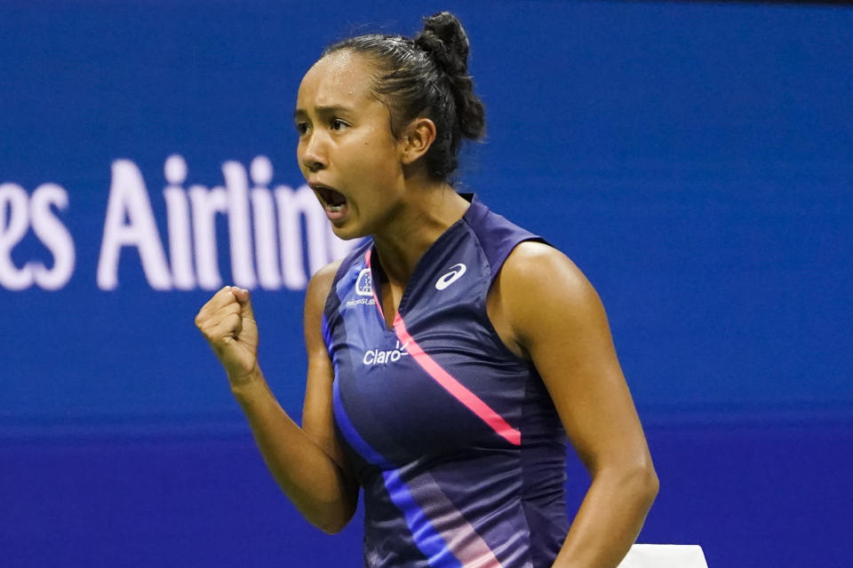 Leylah Fernandez, of Canada, reacts during a match against Naomi Osaka, of Japan, at the third round of the US Open tennis championships, Friday, Sept. 3, 2021, in New York. (AP Photo/John Minchillo)