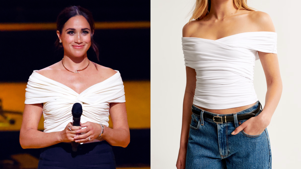 The Duchess of Sussex makes a speech on stage during the Opening Ceremony of the Invictus Games 2020 and Abercrombie's Off-The-Shoulder Ruched Wrap Top (Photos via Getty & Abercrombie).